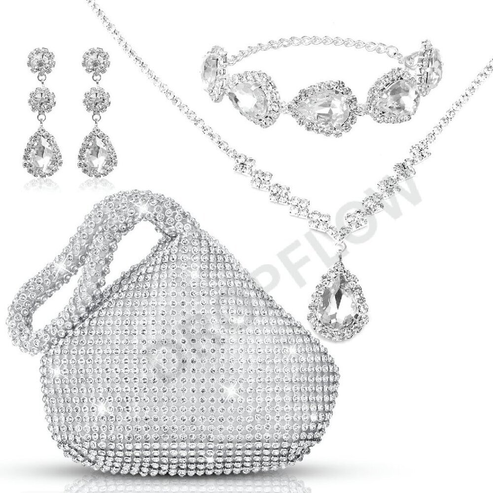 Silver Rhinestone Jewelry Set Elegant Evening Clutch Purse Accessories Wedding